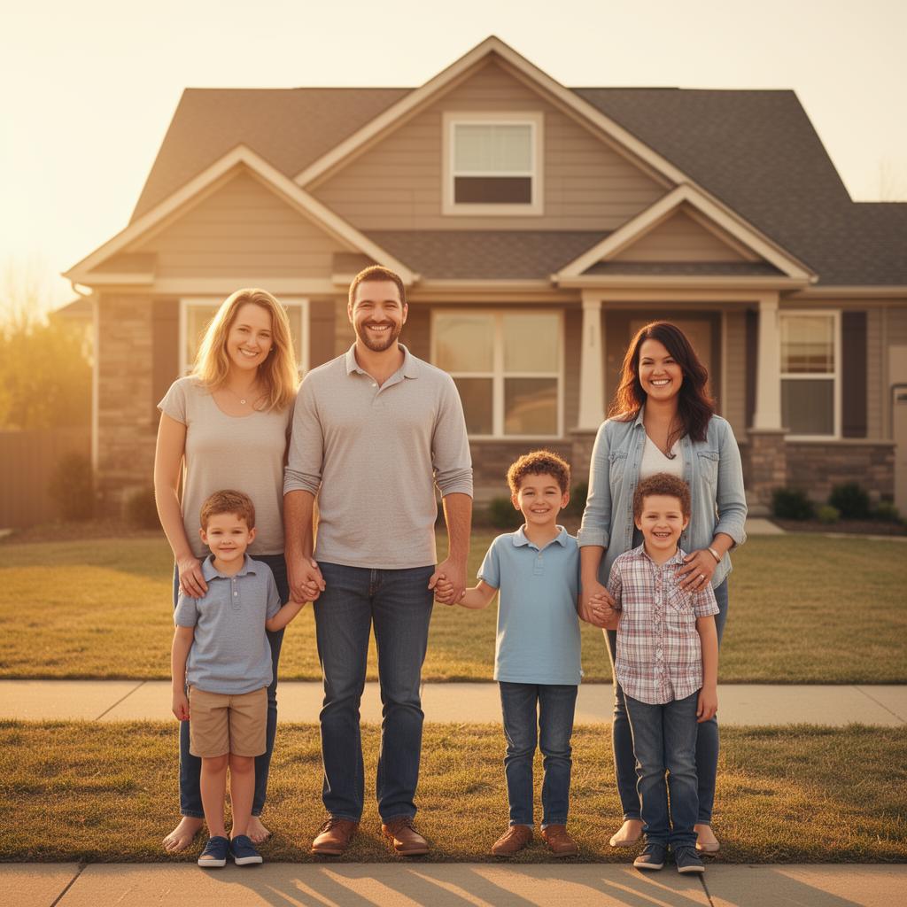 Happy family standing in front of their home
